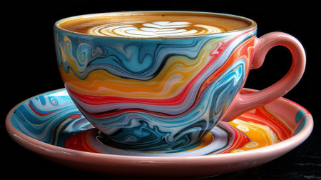 A colorful cup of coffee on a saucer with an orange rim, AIの素材