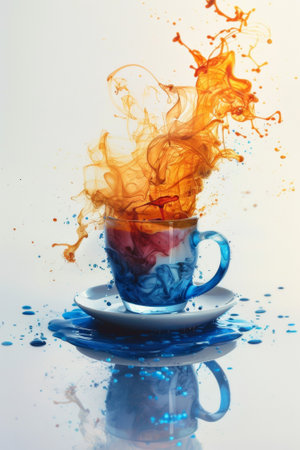 A cup of tea with a splash of orange liquid on top, AIの素材