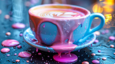 A cup of coffee with pink liquid on top and a saucer, AIの素材