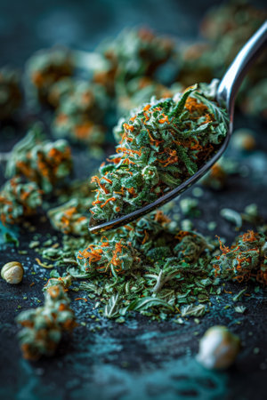 A spoon full of marijuana leaves and seeds on a table, AIの素材