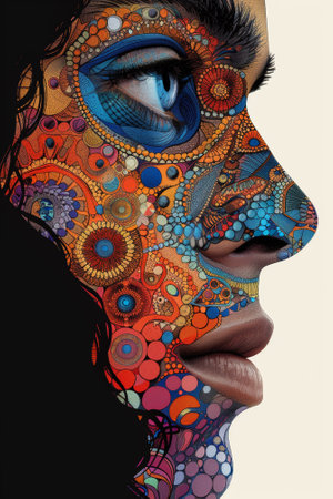 A womans face painted with a variety of colorful patterns, AIの素材