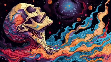 A painting of a skull with colorful swirls around it, AIの素材