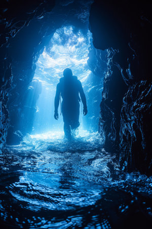 A man in a wetsuit walking through the water at night, AIの素材