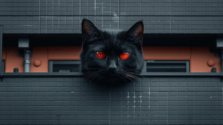 A black cat with red eyes peeking out of a brick wall, AIの素材