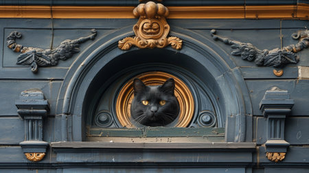 A black cat peeking out of a window on the side of an ornate building, AIの素材