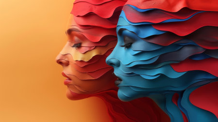 Two women with their faces painted in different colors, AIの素材