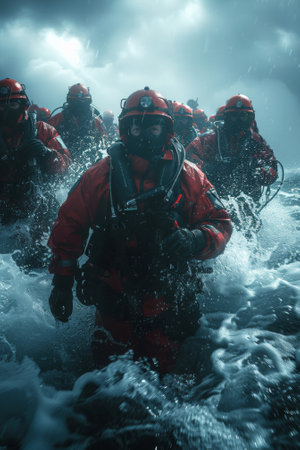 A group of a bunch of people in red suits are walking through the water, AIの素材
