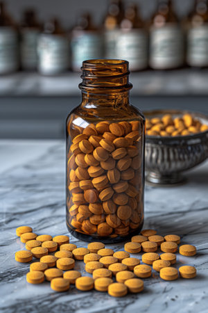 A jar of pills on a marble counter with other jars, AIの素材