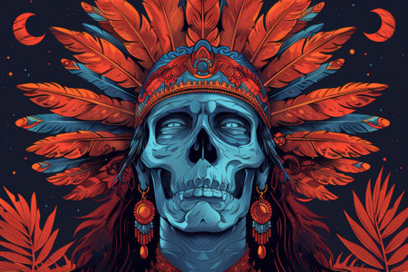 A skull in a native american headdress with feathers and leaves, AIの素材
