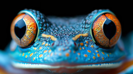 A close up of a blue and yellow frog with orange eyes, AIの素材