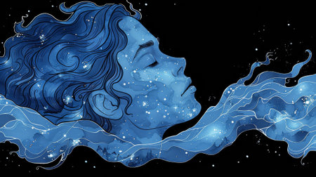 A woman with blue hair floating in the water, AIの素材