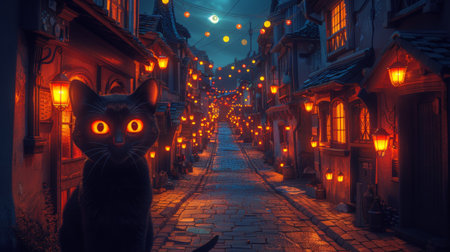 A cat with glowing eyes is walking down a cobblestone street, AIの素材