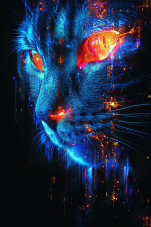 A close up of a cat with glowing eyes and bright lights, AIの素材