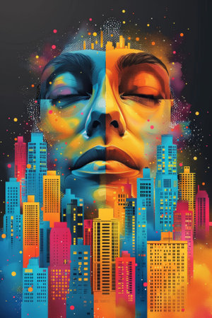 A colorful painting of a womans face with cityscape in background, AIの素材