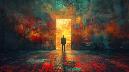 A man standing in front of a door with colorful background, AIの素材