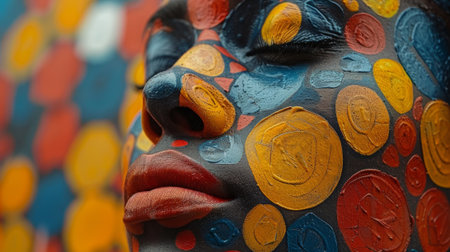 A close up of a face painted with colorful circles and dots, AIの素材