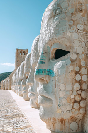A row of stone statues with blue eyes on a brick wall, AIの素材