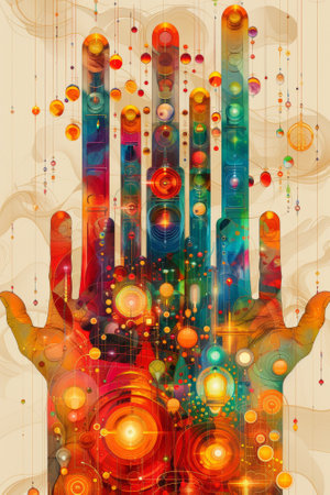A colorful abstract painting of a hand with many fingers, AIの素材