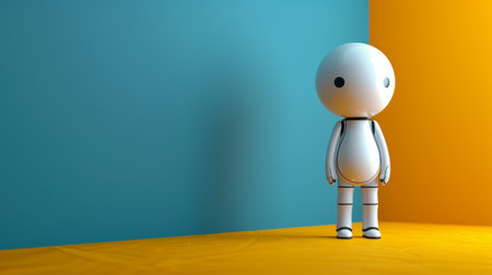 A small robot standing in front of a yellow and blue wall, AIの素材