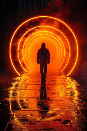 A man walking down a path with neon lights in the background, AIの素材