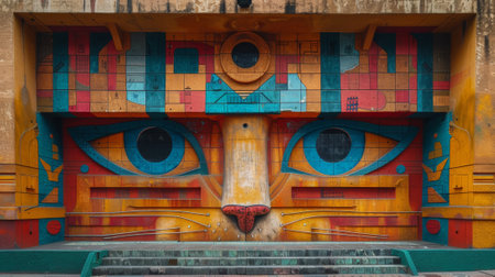 A large cat face painted on a building with steps leading up to it, AIの素材