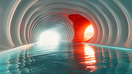 A tunnel with a light coming out of it and water flowing through, AIの素材