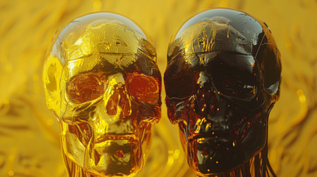 Two gold and black skulls are sitting next to each other, AIの素材