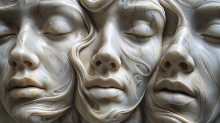 A close up of a sculpture with three faces and one has its mouth open, AIの素材