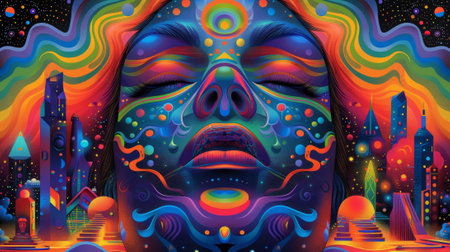 A psychedelic painting of a woman with her eyes closed, AIの素材