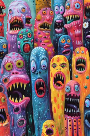A group of colorful monsters are painted on a wall, AIの素材