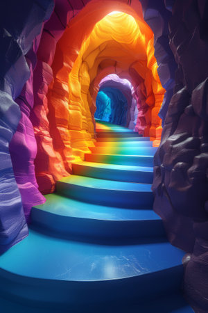 A brightly colored stairs leading to a cave with colorful lighting, AIの素材