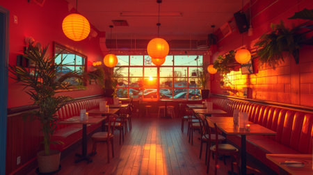 A restaurant with a large window and lots of tables, AIの素材