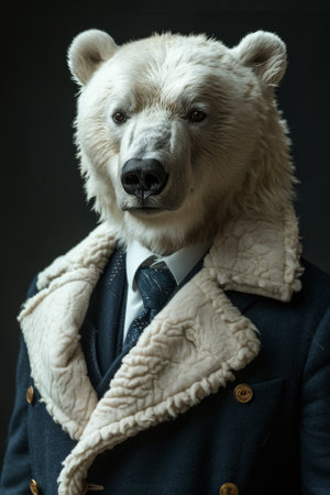 A polar bear wearing a coat and tie with dark glasses, AIの素材