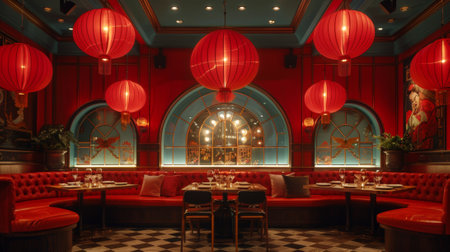A restaurant with red booths and tables, a large chandelier, AIの素材