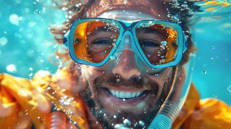 A man wearing goggles and snorkel under water, AIの素材