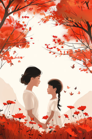 A woman and girl standing in a field of red flowers, AIの素材