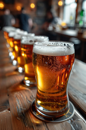 A row of glasses filled with beer on a wooden bar, AIの素材
