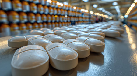A row of white pills sitting on a table in front of orange bottles, AIの素材