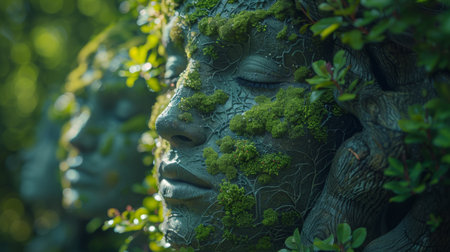 A close up of a statue with moss growing on it, AIの素材