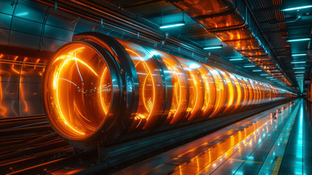 A train with glowing orange lights on the side of it, AIの素材