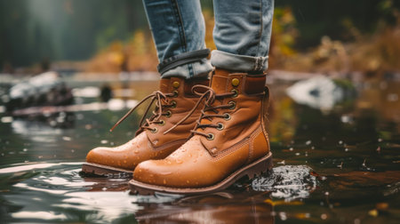 A person wearing boots standing in a puddle of water, AIの素材