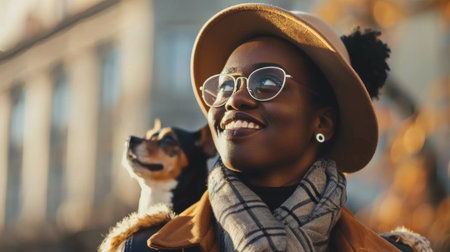 A woman with a dog on her shoulder smiling, AIの素材