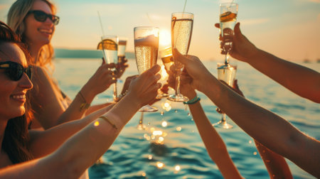 A group of people toasting with champagne glasses on a boat, AIの素材