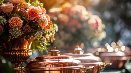 A group of copper pots with flowers in them on a table, AIの素材