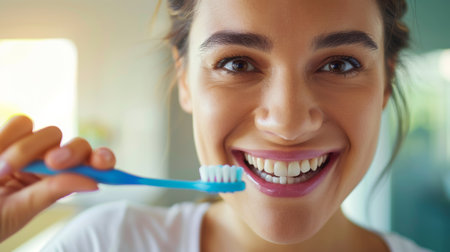 A woman smiling while holding a toothbrush in her hand, AIの素材