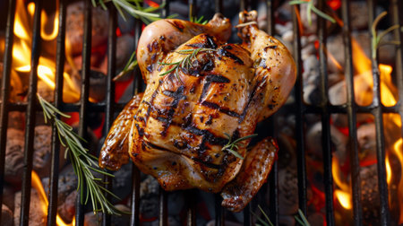 A close up of a chicken on the grill with rosemary, AIの素材