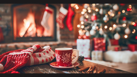 A cup of coffee on a table next to christmas decorations, AIの素材