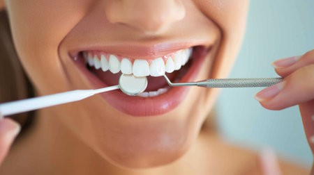 A woman smiling while holding a toothbrush and looking at her teeth, AIの素材