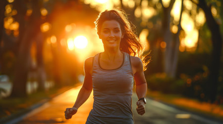 A woman running down a road with the sun shining behind her, AIの素材