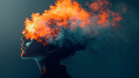 A woman with her hair on fire in a dark room, AIの素材